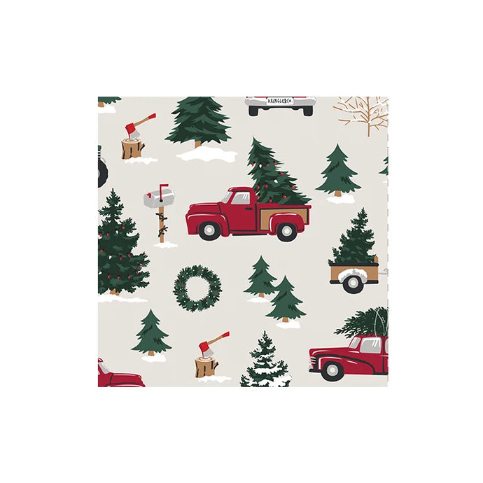 colour illustration of a paper napkin covered in old red trucks with wreaths and trees 