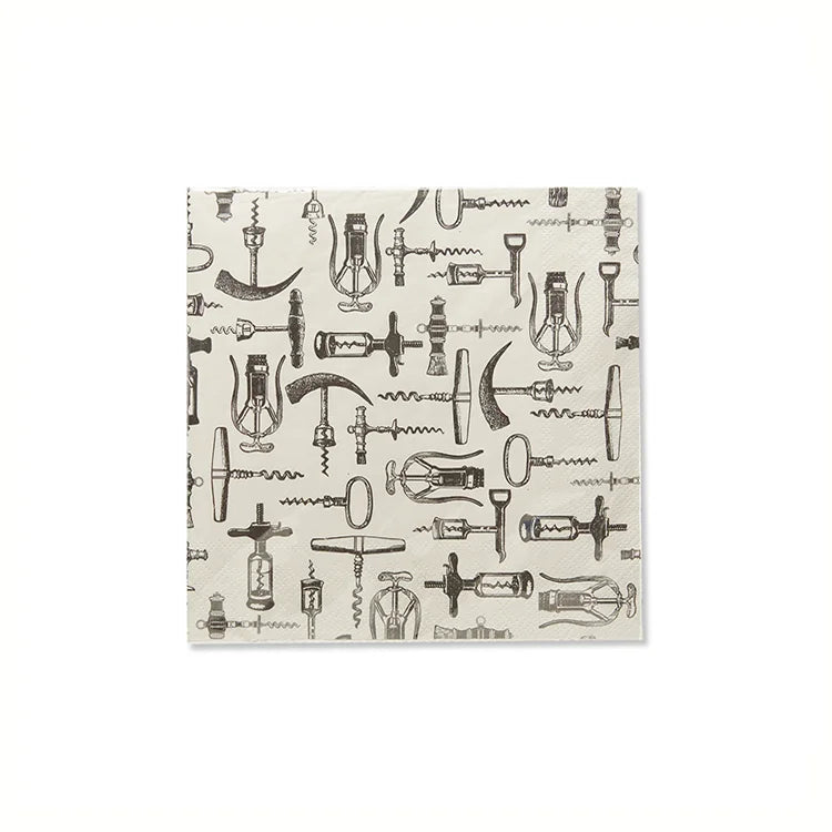 a beverage sized napkin covered in vintage corkscrews no text