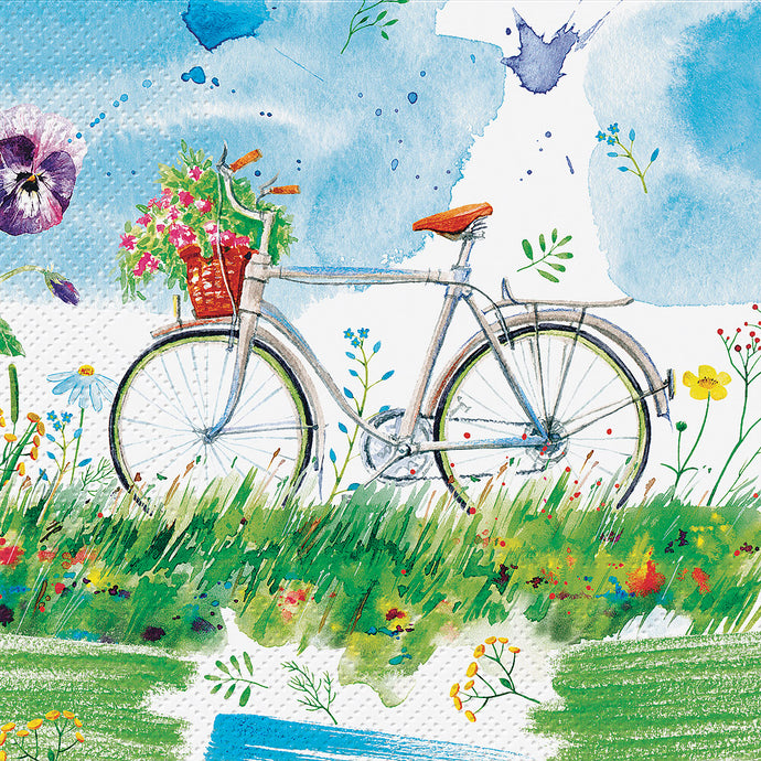a paper napkin with blue sky and bicycle 
