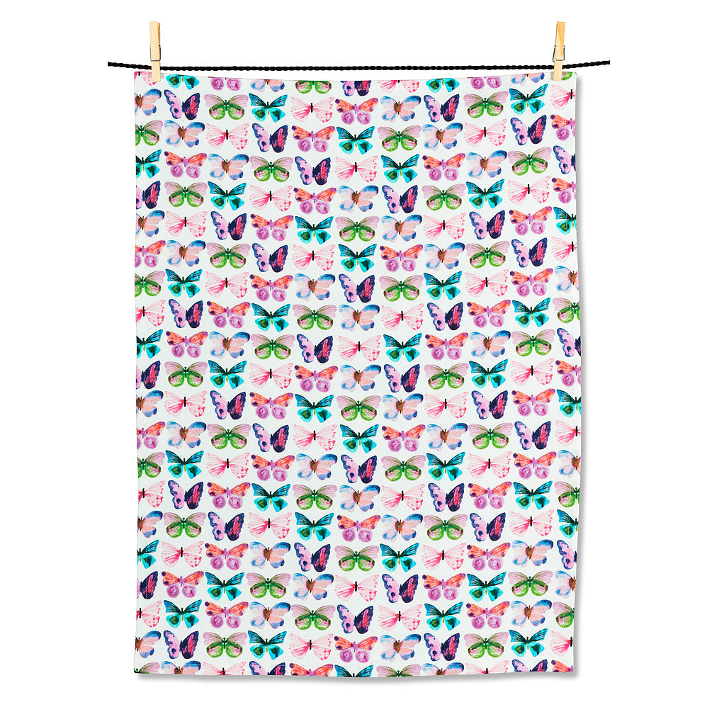 a white tea towel covered in loads of colourful butterflies . very pretty