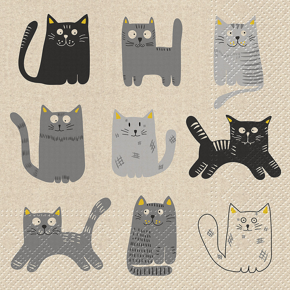 a beighe paper napkin with cute modern drawings of cats 