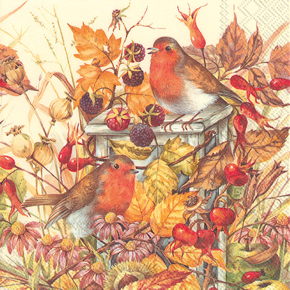 paper napkin with autumn scene of leaves berries and birds 