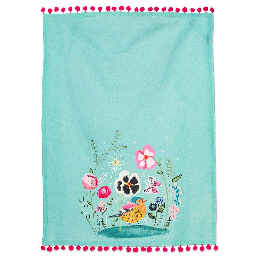 a soft turquise coloured tea towel with pink pom poms on the edges. with a floral motif and a lovely bird centrepiece 