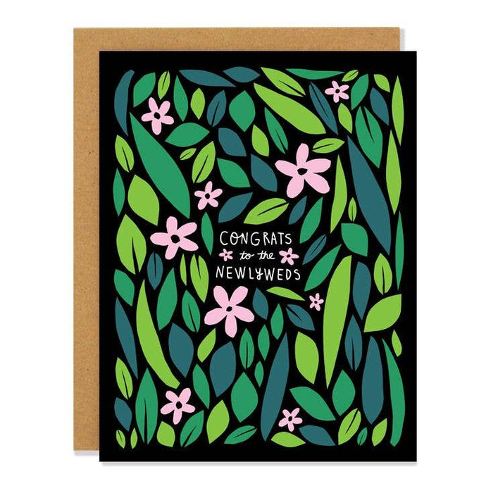 an illustration of different green leaves with pink flowers sprinkled thru out script congrats to the newlweds on a black background, modern, with kraft envelope