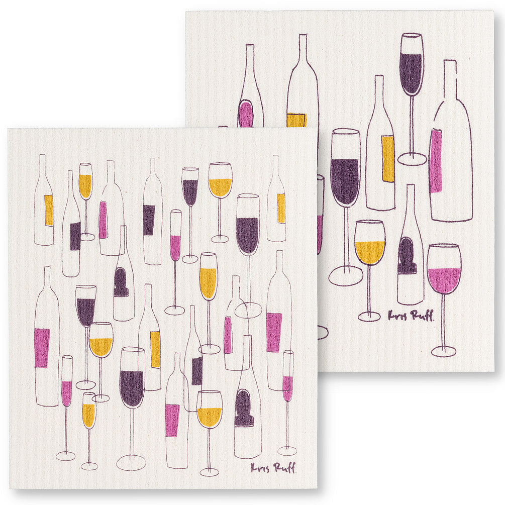 wine bottles & glasses Swedish dishcloths