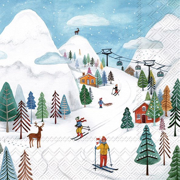 colour illustration of a ski hill with skiers and white mountains with trees and deer