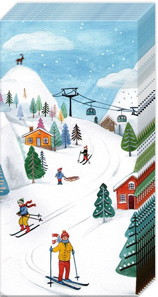 a pocket tissue paper napkin depicting a snow mountain ski scene 