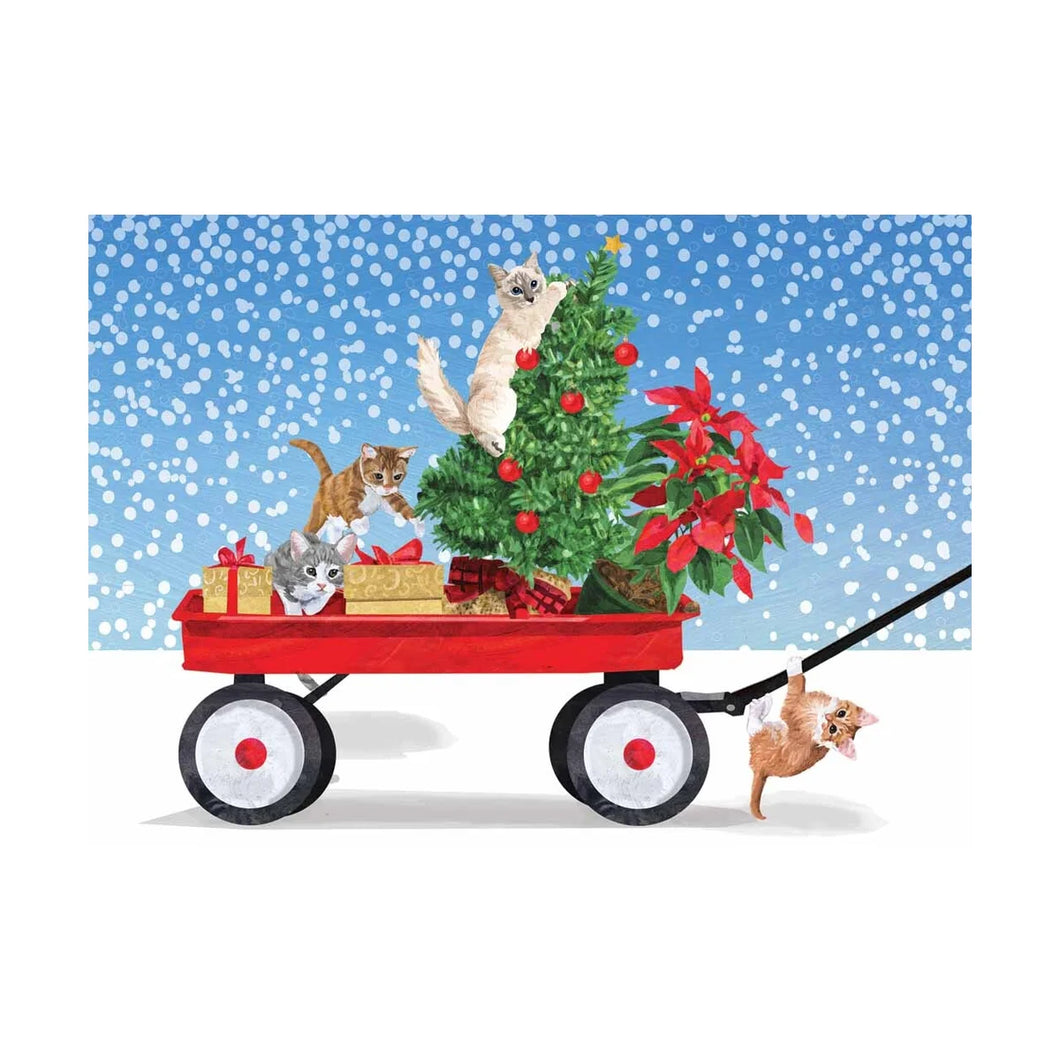 colour illustration of an old fashioned red wagon in a snowy scene. the wagon id full of gifts a tree a poinsettia and kittens 