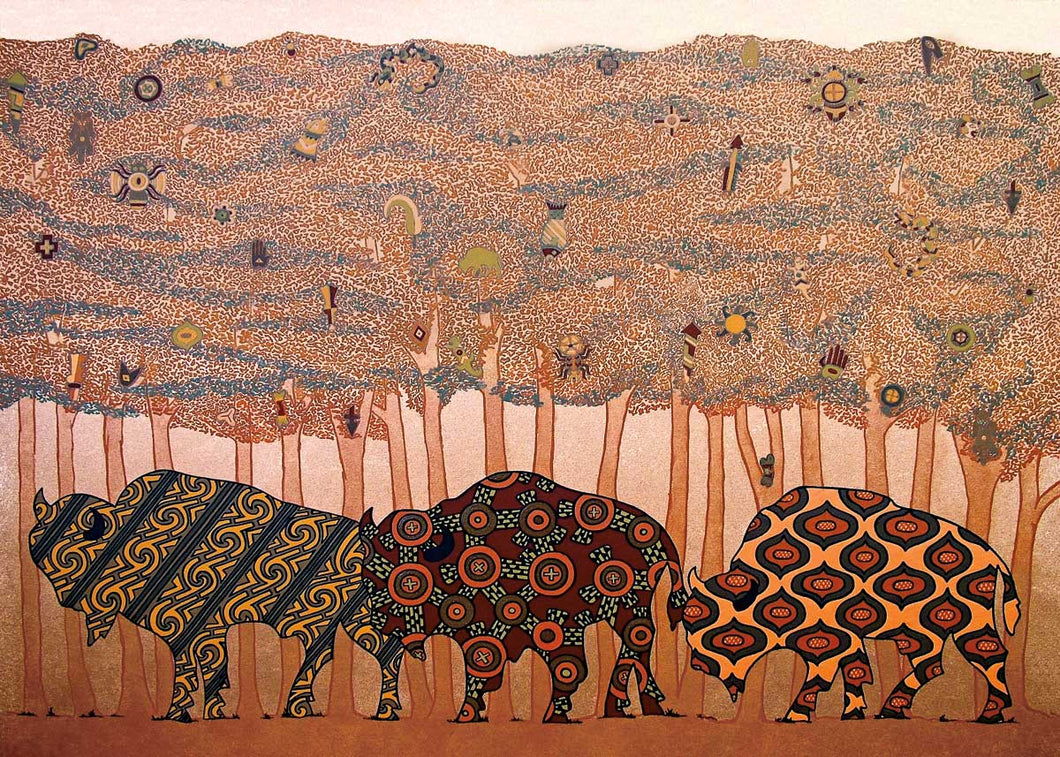 a greeting card depicting 3 buffalo in a quilt like Indigenous pattern 