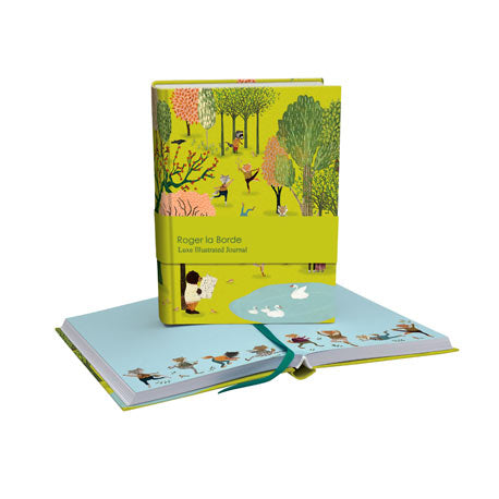 a whimsical colour illustration of animals in a park doing various yoga poses, primarily in green colours with blue pages 