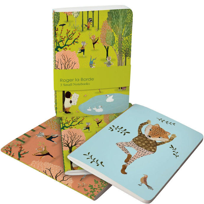 set of 3 notebooks depicting forest animals doing yoga in the park 