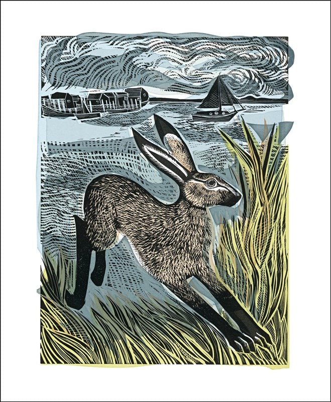 a art angel greeting card with an illustration of a large hare or rabbit hopping across a meadow 